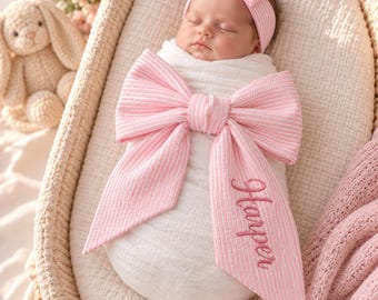 Personalized Embroidered Newborn Bow Sash, Bow Swaddle Girl, Custom Name Seersucker Bow, Sash For Baby Pictures, Birth Announcement