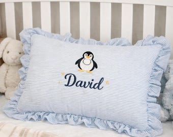 Personalized Seersucker Baby Pillow with Ruffle, Custom Name Nursery Pillow, Embroidered Kids Pillow, Newborn Keepsake & Baby Shower Gift