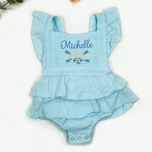 Custom Baby Name Embroidered Romper,Natural Cotton Muslin Romper,Girls First Birthday Outfit,Personalised Baby Girl Clothes,Baby Girl Dress