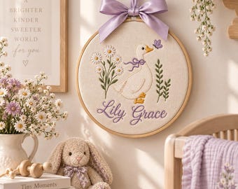 Personalized Embroidered Baby Name Sign, Goose and Florals Embroidered Hoop, Nursery Wall Decor, Custom Baby Ornament, Baby Shower Gifts