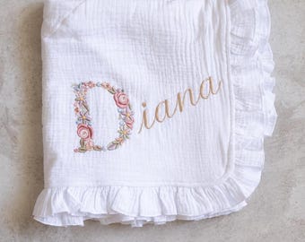 Custom Floral Baby Name Blanke, Personalized Embroidered Ruffle Cotton Muslin Blanket, Baby Shower Gift