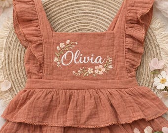 Embroidered Wildflower Name Baby Girl Muslin Ruffle Romper, Flowergirl Dress, Toddler Summer Outfit, First Birthday Gift