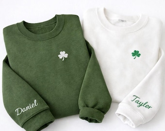 Mini Lucky Shamrock Embroidered Sweatshirt with Customizable Name on the sleeve, St. Patrick's Day Shirts, Minimal Irish Clover Top