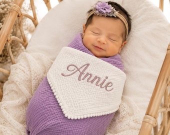 Personalized Muslin Baby Blanket, Custom Name Embroidered Blanket, Reversible Cotton Muslin, Baby Shower Gift, Newborn Gift
