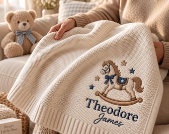 Personalized Embroidered Baby Blanket with Vintage Rocking Horse, Custom Knit Newborn Gift