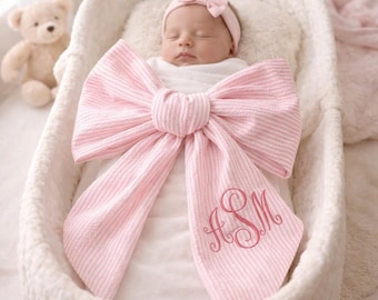 Personalized Embroidered Newborn Bow Sash, Bow Swaddle Girl, Custom Monogrammed Seersucker Bow, Sash For Baby Pictures, Birth Announcement