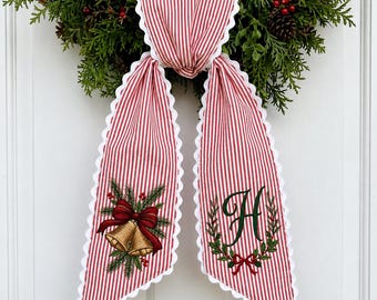 Personalized Christmas Wreath Sash, Stripe Front Door Ric Rac Seersucker Bow, Embroidered Christmas Front Door Decor, Xmas Gift