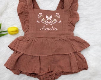 Butterfly Floral Bow Embroidered Name Baby Girl Muslin Ruffle Romper, Flowergirl Dress, Toddler Summer Outfit, First Birthday Gift