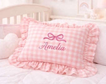 Embroidered Bow Baby Name Pillow With Ruffles, Nursery Decor, Newborn Keepsake & Baby Shower Gift, Personalized Baby Gifts
