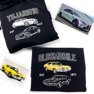 カスタムカー刺繍Tシャツ、パーソナライズされた車の写真刺繍Tシャツ、クラシックカー、車好きのシャツ、夫へのプレゼント、お父さんへのTシャツ