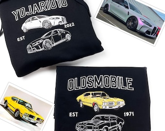カスタムカー刺繍Tシャツ、パーソナライズされた車の写真刺繍Tシャツ、クラシックカー、車好きのシャツ、夫へのプレゼント、お父さんへのTシャツ