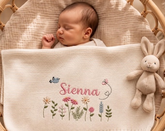 Personalized Floral Baby Blanket Girl, Custom Name Embroidery Soft Knit Blanket, Newborn Keepsake, Baby Shower Gift