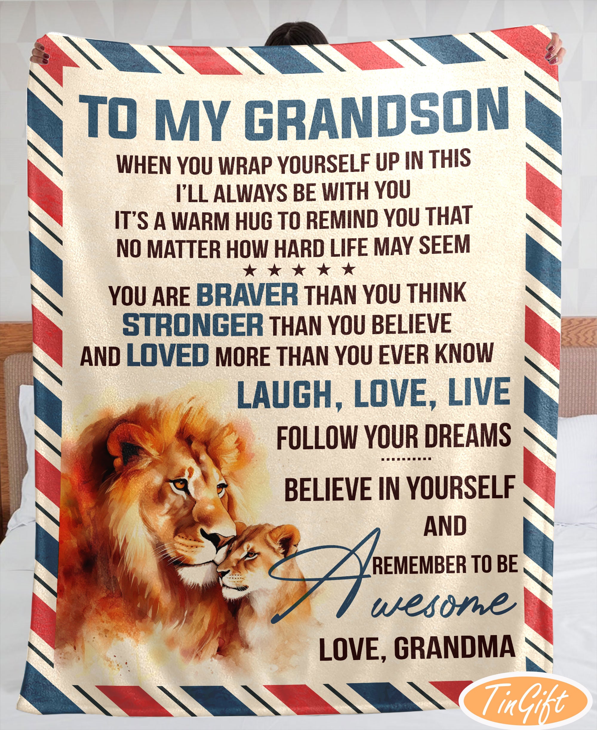 Lion blanket for grandson able to change name, personalized blanket for grandsons, gift to grandson from grandma