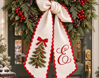 Personalized Christmas Tree Wreath Sash With Monogram, Embroidered Xmas Bow Sash, Christmas Front Door Decor