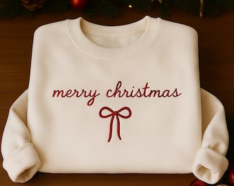 Embroidered Christmas Sweatshirt with Bow, Minimalist Xmas Outfit
