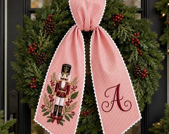 Personalized Nutcracker Seersucker Wreath Sash, Embroidered Monogram Holiday Front Door Decor, Xmas Gifts