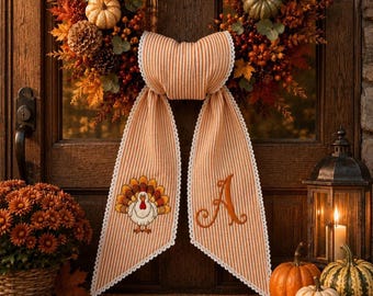 Personalized Thanksgiving Turkey Wreath Sash with Monogram, Embroidered Fall Front Door Wreath Bow with Lace Trim