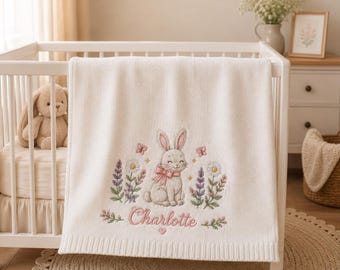 Personalized Rabbit & Flowers Baby Blanket with Name, Custom Embroidered Soft Knit Blanket, Baby Shower Gift, Nursery Keepsake