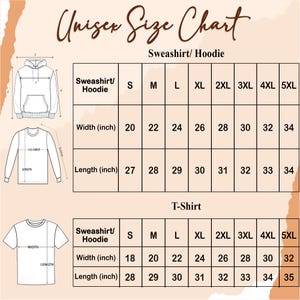 May include: A unisex size chart for sweatshirts, hoodies, and t-shirts. The chart includes measurements for width and length in inches, ranging from size small to 5XL. The chart also includes diagrams of the clothing items.