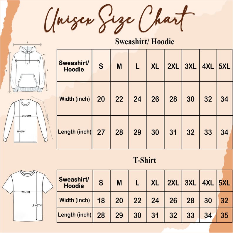 May include: A unisex size chart for sweatshirts, hoodies, and t-shirts. The chart includes measurements for width and length in inches, ranging from size small to 5XL. The chart also includes diagrams of the clothing items.