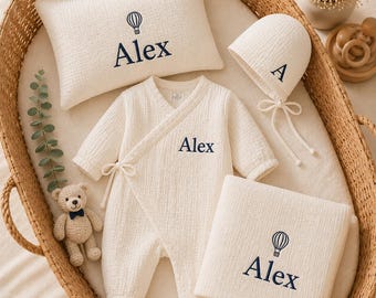 Luxury Personalized Embroidered Baby Gift Set, Custom Name Baby Boy Muslin Blanket, Pillow and Romper, Newborn Gift, Coming Home Outfit
