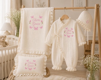 Personalized Baby Girl Muslin Set, Custom Name Embroidered Baby Romper, Blanket & Pillow, Newborn Gifts, Coming Home Outfit
