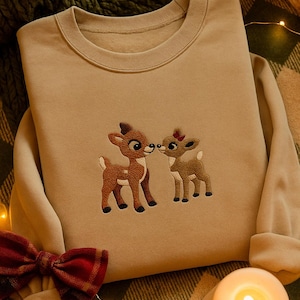 Embroidered Rudolph and Clarice Sweatshirt, Retro Crewneck Sweater, Vintage Reindeer Embroidery Christmas Shirts, Xmas Matching Couples