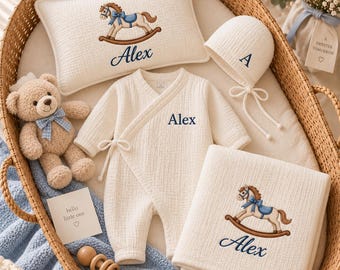 Personalized Baby Gift Set, Embroidered Muslin Romper, Blanket & Pillow, Rocking Horse Baby Boy Set, Newborn Keepsake Gift