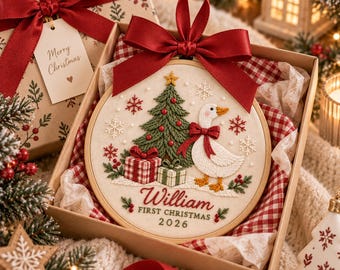 Personalized Baby First Christmas Embroidery Hoop, Custom Name Christmas Goose Ornament, Baby’s 1st Christmas Keepsake, Nursery Decor