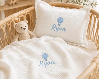 Embroidered Muslin Baby Boy Blanket & Pillow, Personalized Name Muslin Blanket, Baby Shower Gift, Stroller Blanket