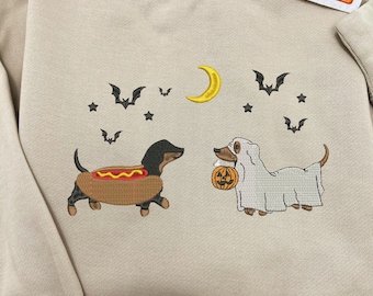 Embroidered Dachshund Halloween Sweatshirt, Spooky Season Pup Crewneck, Haloween Pet Sweatshirt, Halloween Party Cute Shirt For Dog Mom