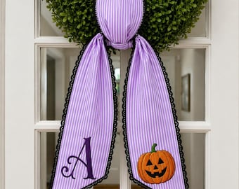 Custom Embroidered Pumpkin Halloween Wreath Sash, Personalized Seasonal Front Door Decor, Monogram Seersucker Wreath Bow