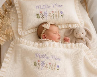 Personalized Muslin Baby Blanket & Pillow With Name, Custom Embroidered Baby Gift, Luxury Newborn Set Gift