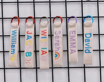 Personalized Kid's Name Tag, Coloful Webbing Bag Name Tag, Bag Accessory, Custom Embroidered Key chain, Embroidery Name tag, Key Ring