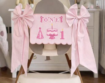 Personalized First Birthday Banner, Embroidered High Chair Banner with Bow, 1st Birthday Decor, Cake Smash Photo Prop