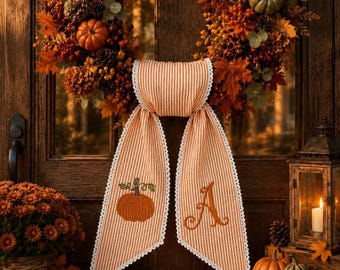Embroidered Monogram and Pumpkin Seersucker Wreath Sash, Thanksgiving Front Door Decor,  Autumn Wreath Ric Rac Bow, Housewarming Gift
