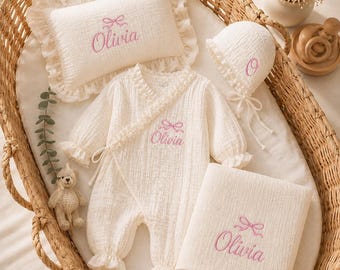 Luxury Personalized Newborn Gift Set, Custom Name Embroidered Muslin Baby Romper, Blanket & Pillow, Baby Girl Coming Home Outfit