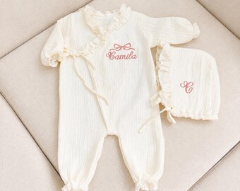 Personalized Baby Muslin Romper with Bonnet, Name Embroidered Newborn Outfit, Muslin Girl Set, Baby Shower Gift