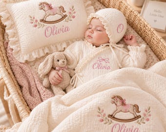Personalized Baby Girl Gift Set, Embroidered Muslin Blanket & Pillow, Rocking Horse Baby Blanket, Custom Name Newborn Gift, Baby Shower Gift