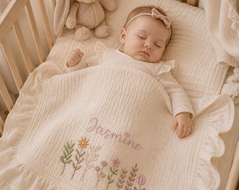 Custom Embroidered Baby Blanket with Name and Wildflowers, Ruffle Muslin Blanket, Baby Shower Gift, Newborn Essentials, Toddler Bedding