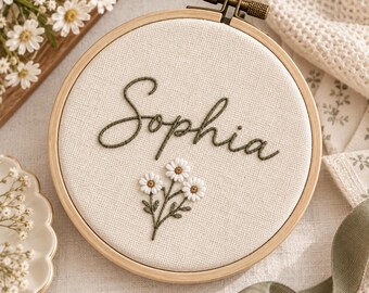 Personalized Baby Name Embroidery Hoop, Custom Nursery Wall Decor, Floral Name Sign, Embroidered Baby Gift, Daisy Nursery Decor