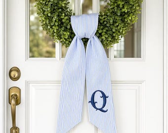 Personalized Embroidered Seersucker Wreath Sash, Custom Monogram Front Door, Summer Wreath Sash Decor, Housewarming Gift