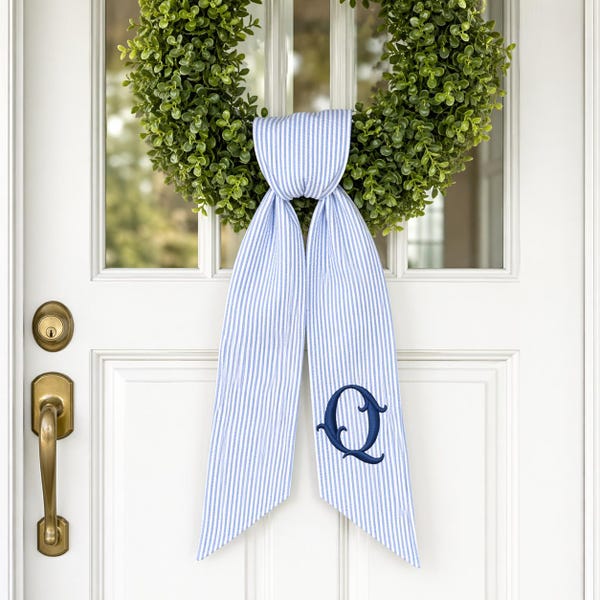 Personalized Embroidered Seersucker Wreath Sash, Custom Monogram Front Door, Summer Wreath Sash Decor, Housewarming Gift