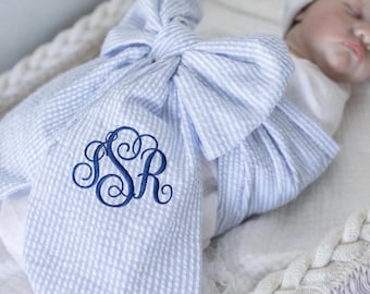 Custom Monogrammed Newborn Swaddle Bow Sash, Personalized Embroidered Seersucker Bow, Baby Photo Prop, Birth Announcement Gift