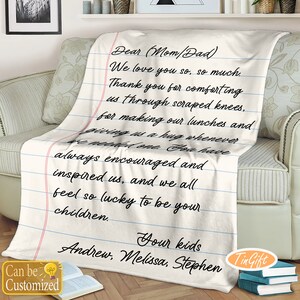 Manta de carta de amor para mamá y papá, manta personalizada de carta escrita a mano, regalo de Navidad para padres.