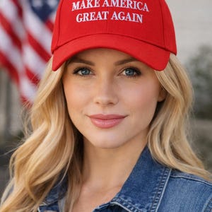 May include: A red baseball cap with the text "MAKE AMERICA GREAT AGAIN" in white. The cap is worn by a person with blonde hair and blue eyes, wearing a denim jacket. An American flag is in the background.