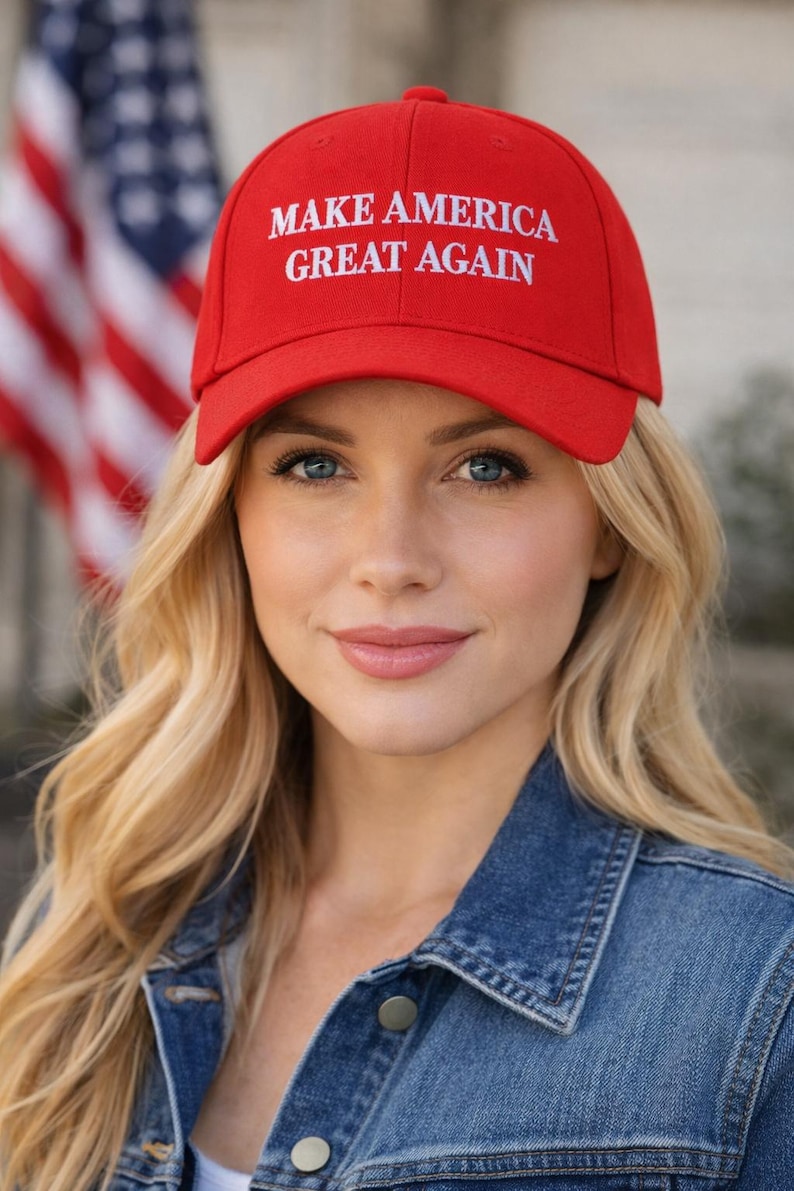 May include: A red baseball cap with the text "MAKE AMERICA GREAT AGAIN" in white. The cap is worn by a person with blonde hair and blue eyes, wearing a denim jacket. An American flag is in the background.