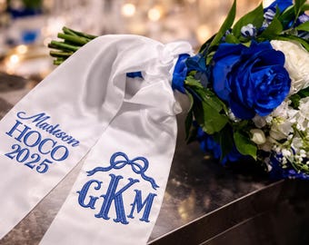 Personalized Embroidered Bouquet Sash: Wedding, Prom, HOCO, Event, Custom Lined or Satin Ribbon Flower Wrap