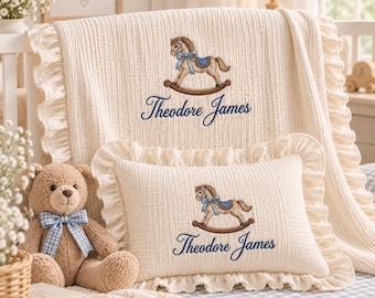 Personalized Muslin Baby Blanket & Pillow Set – Vintage Rocking Horse with Name