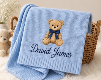 Personalized Teddy Bear Embroidered Baby Blanket, Custom Name Knit Blanket, Woodland Nursery Keepsake, Gift for Baby Girl Baby Boy